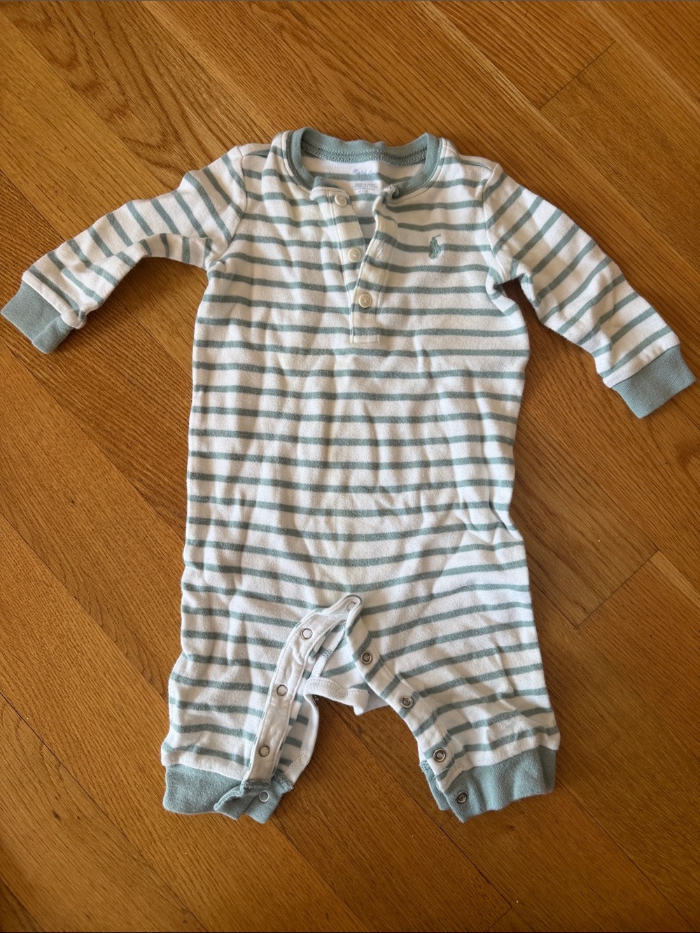 Ralph Lauren Striped Long-Sleeve One-Piece Romper in Light Blue and White
